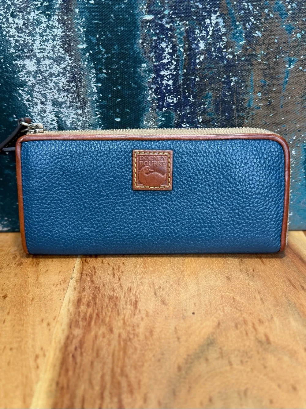 Dooney & Bourke Classic Pebble Grain Blue Tan Zip Wristlet Wallet